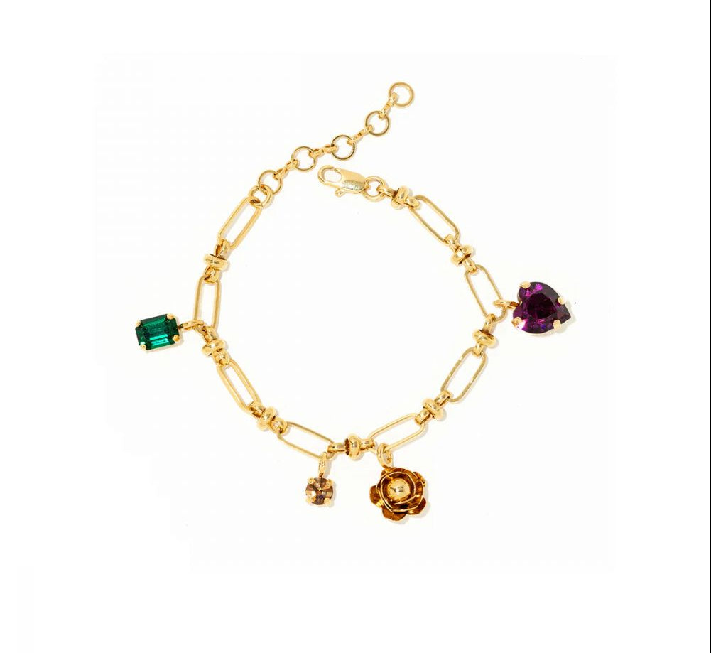 Bracelet Maille Cheval Doré et Breloque Fleurs et Cristal Swarovski