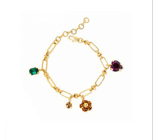 Bracelet Maille Cheval Doré et Breloque Fleurs et Cristal Swarovski