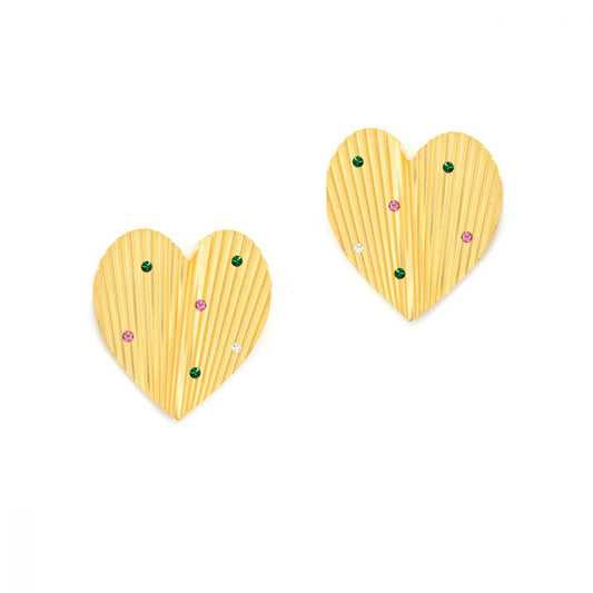 Boucles d'Oreilles Grand Coeur Strié et Cristal Swarovski