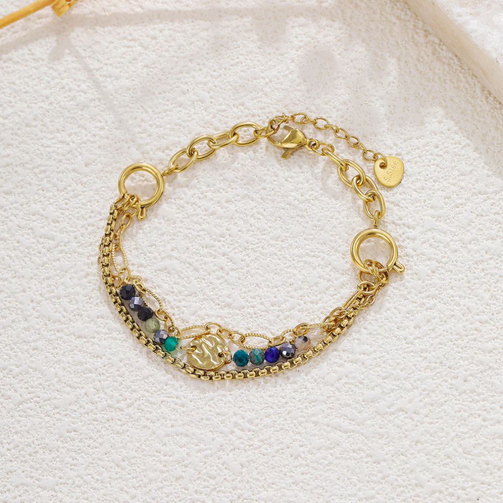 Bracelet Doré Multi Chaîne et Pierres Coloré et Médaillon Martelé