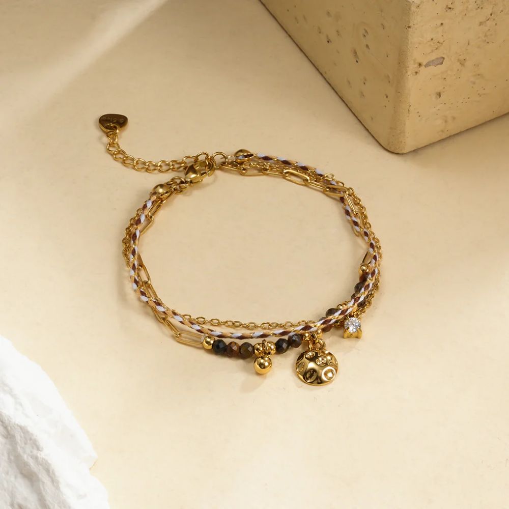 Bracelet Doré Double Chaîne Corde Tissée et Pierres Œil de Tigre et Pendentif Médaillon Martelé