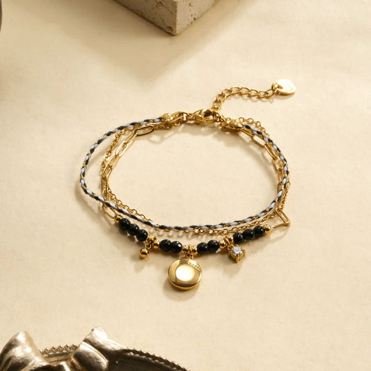 Bracelet Cordes Tissées, Pierres Noires et Pendentif Rond Doré
