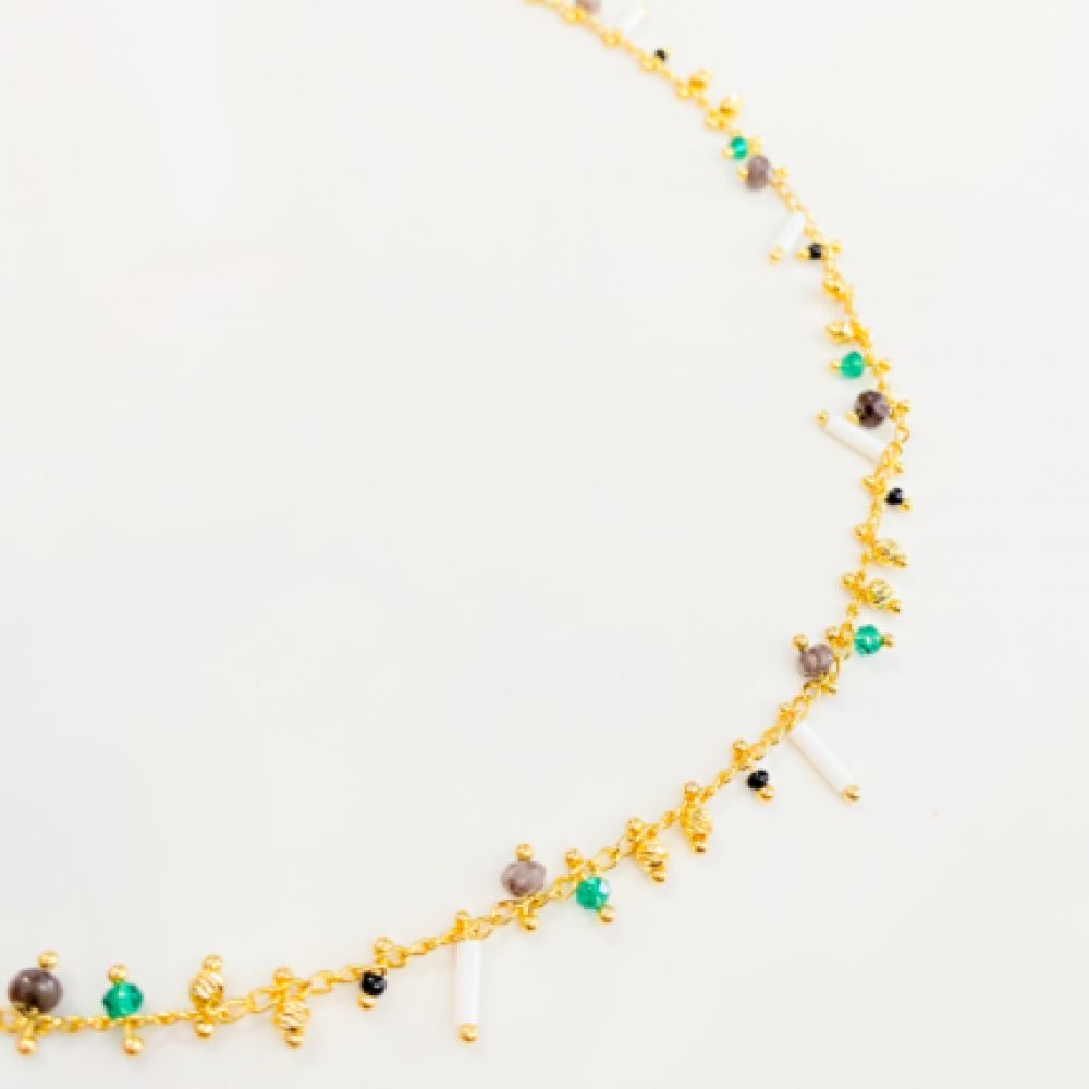 Collier Tour de Cou Breloques Perles Blanches et Vertes 