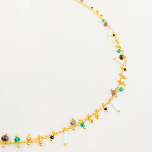 Collier Tour de Cou Breloques Perles Blanches et Vertes 