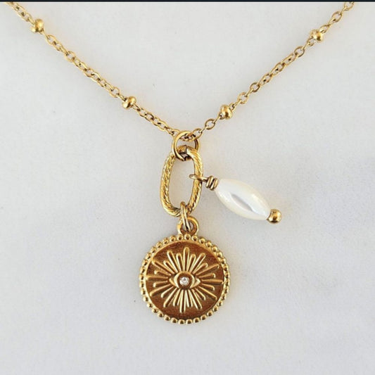 Collier Tour de Cou Doré et Médaille Oeil et Perle Blanche
