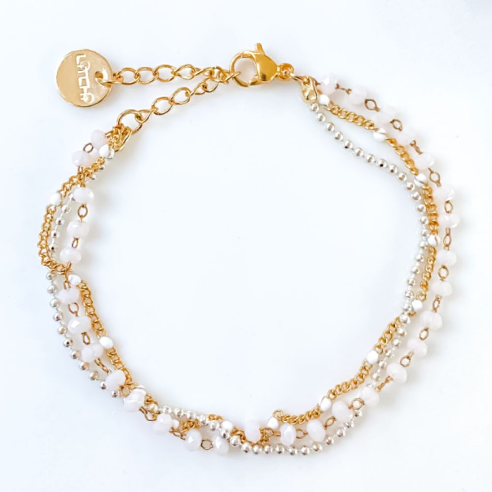 Bracelet Doré 3 Rangs et Perles Blanches