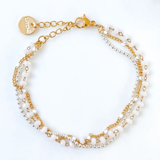 Bracelet Doré 3 Rangs et Perles Blanches