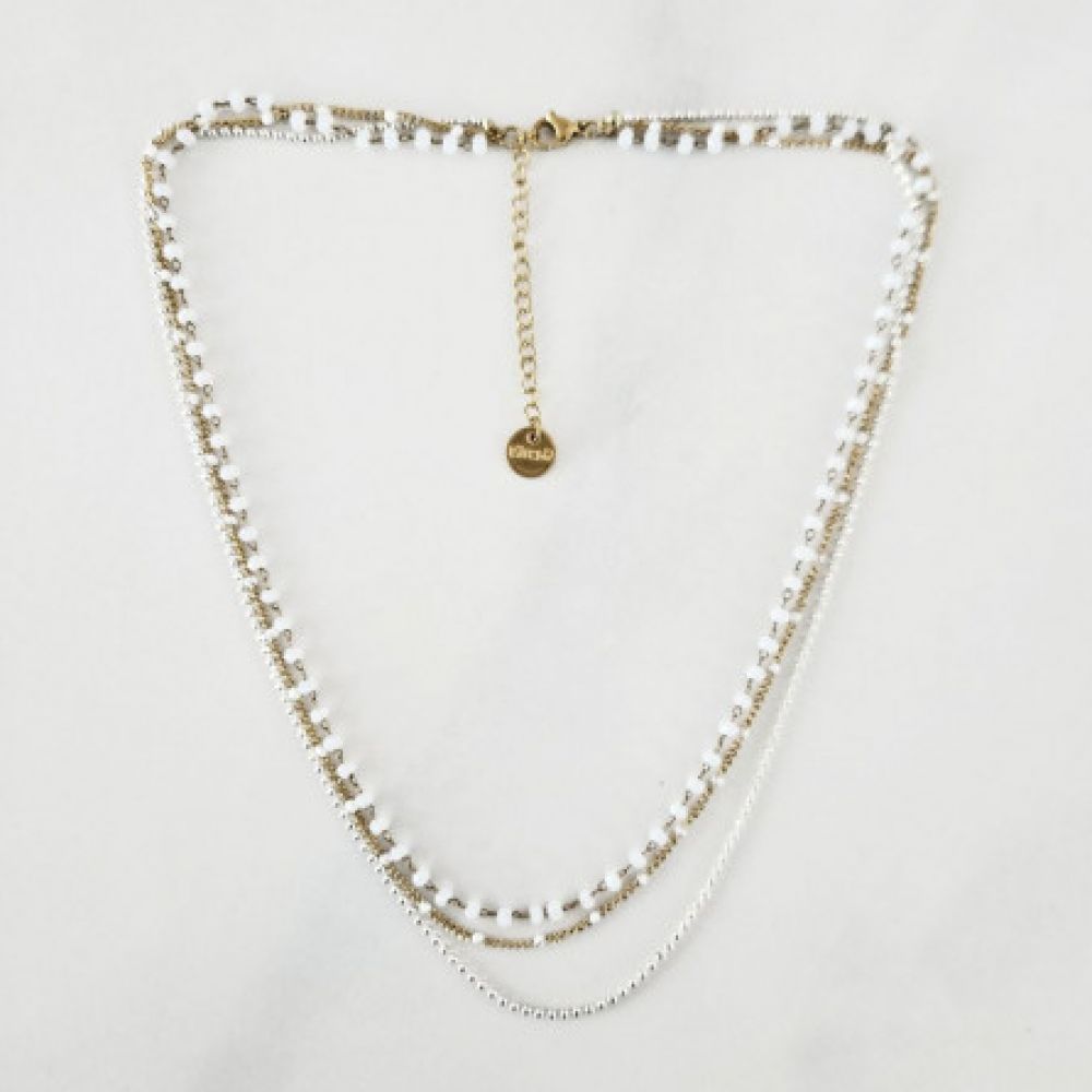 Collier Tour de Cou Doré 3 Rangs et Perles Blanches