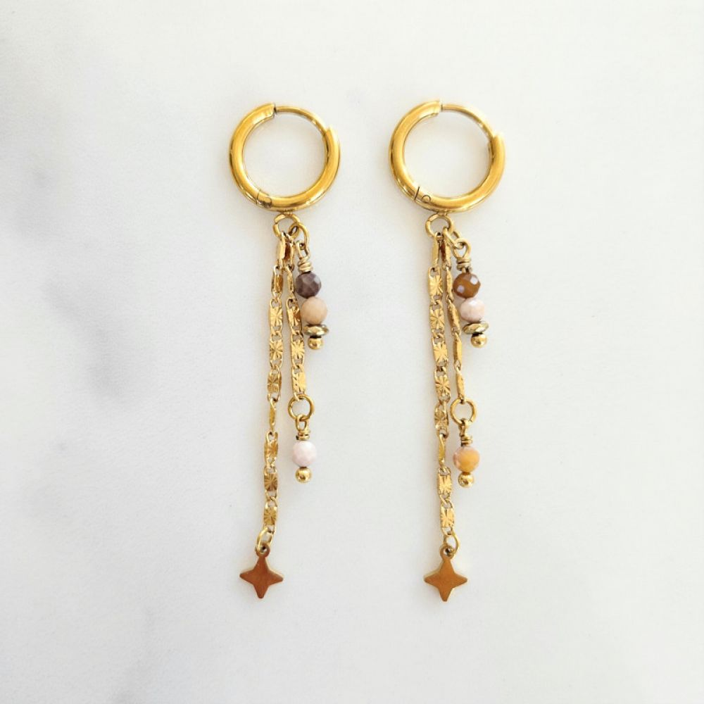 Boucles d'Oreilles Pendantes 2 Chaines Dorées et Breloques Etoiles et Pierres Naturelles 