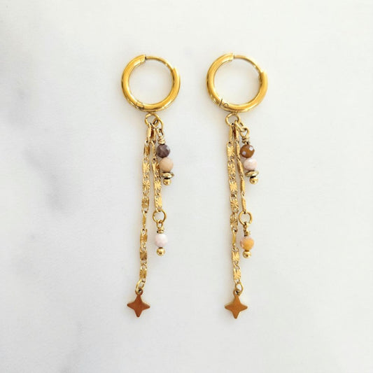 Boucles d'Oreilles Pendantes 2 Chaines Dorées et Breloques Etoiles et Pierres Naturelles 
