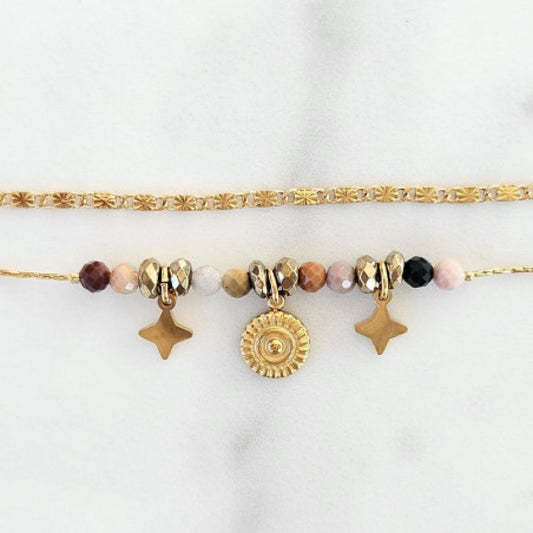 Bracelet 2 Rangs Doré et Breloques Etoiles et Pierres Naturelles 