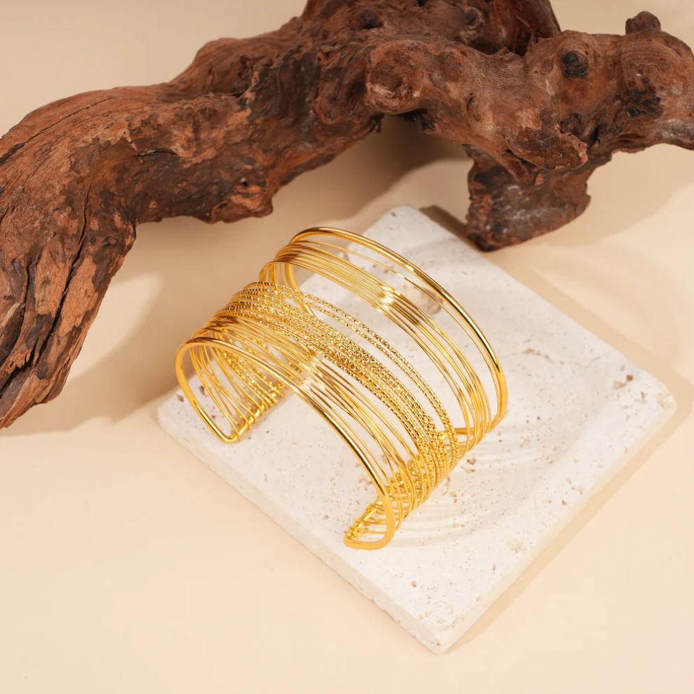 Bracelet Jonc Manchette Multi Rangs Multi Lignes Doré
