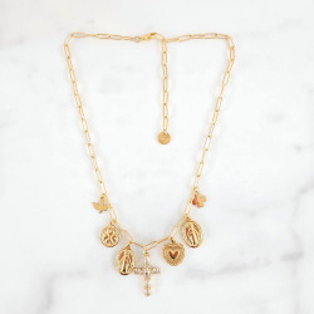 Collier Chaine et Charms Croix, Madonne, Trinité Doré