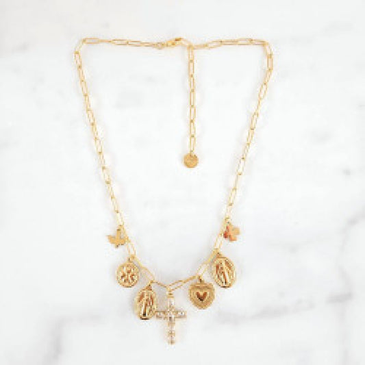 Collier Chaine et Charms Croix, Madonne, Trinité Doré