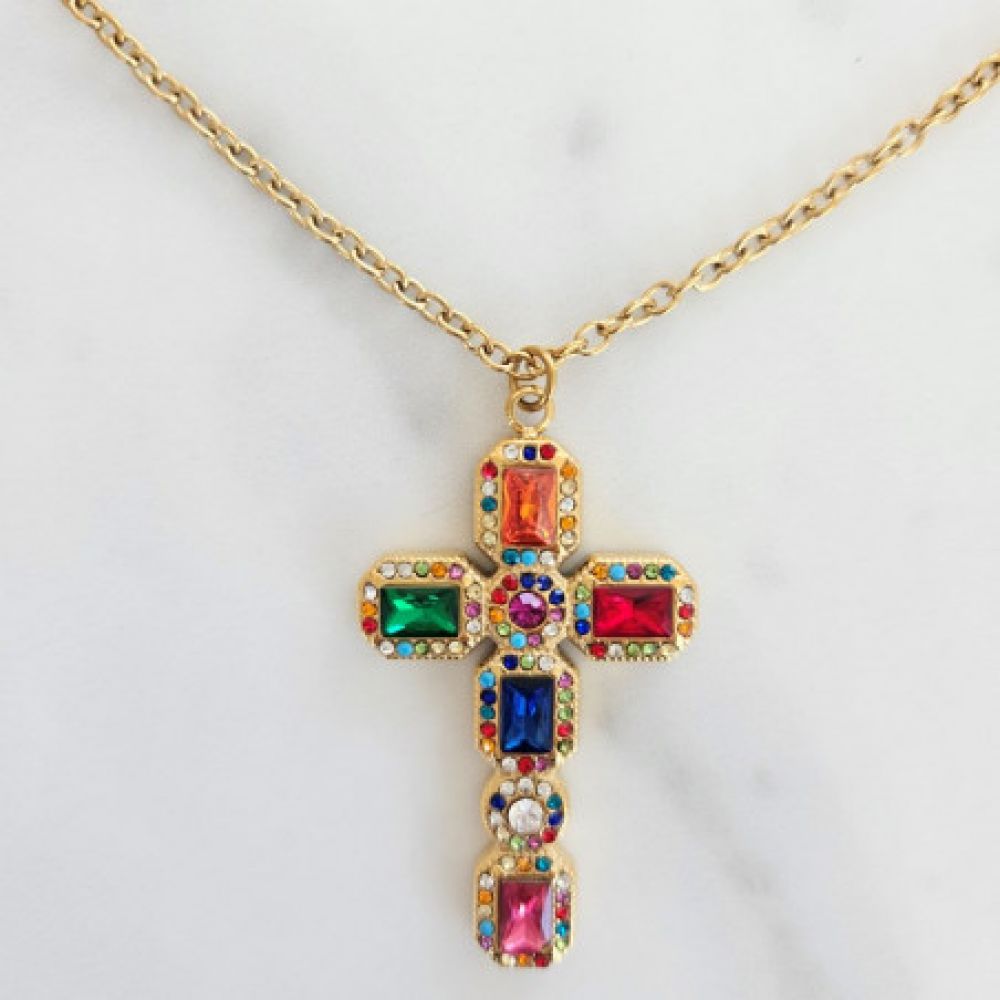 Long Collier Sautoir Pendentif Croix et Zircons Multicolores