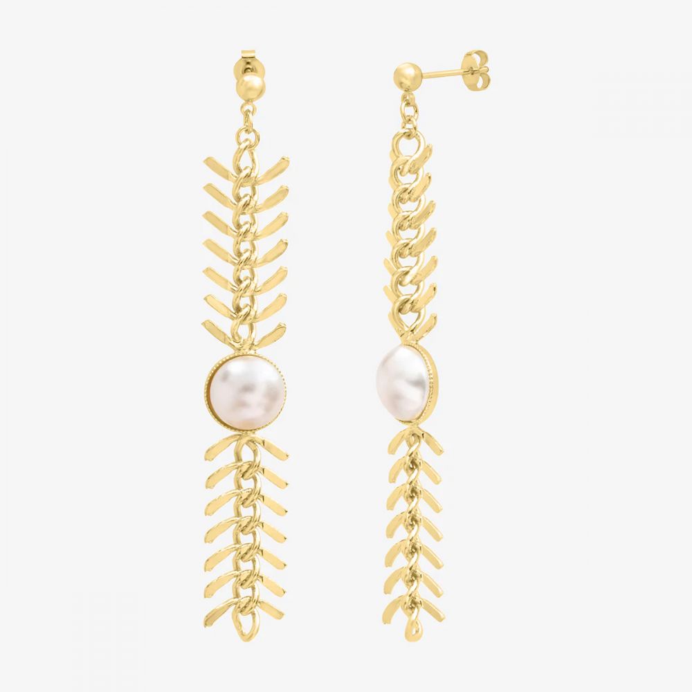 Boucles d'Oreilles Pendantes Maille Epi Doré et Perle de Culture