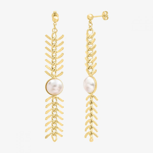Boucles d'Oreilles Pendantes Maille Epi Doré et Perle de Culture