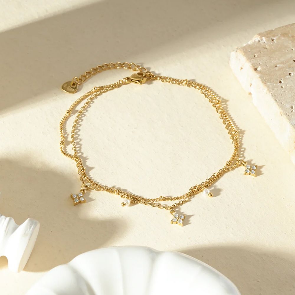Bracelet de Cheville Double Rangs Doré et Etoiles