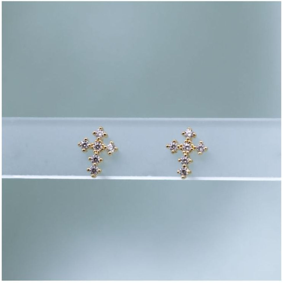 Puces d'Oreilles Dorées Petite Croix et Zircons Blancs