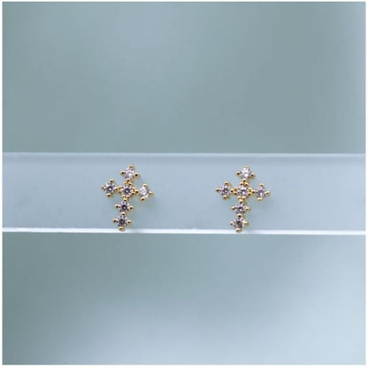 Puces d'Oreilles Dorées Petite Croix et Zircons Blancs