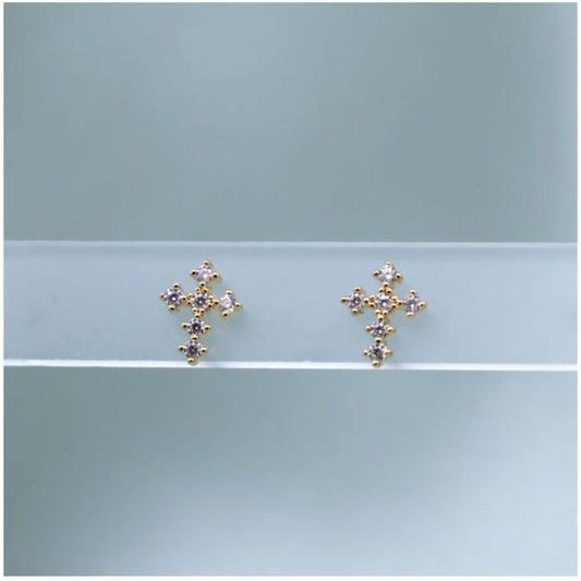 Puces d'Oreilles Dorées Petite Croix et Zircons Blancs