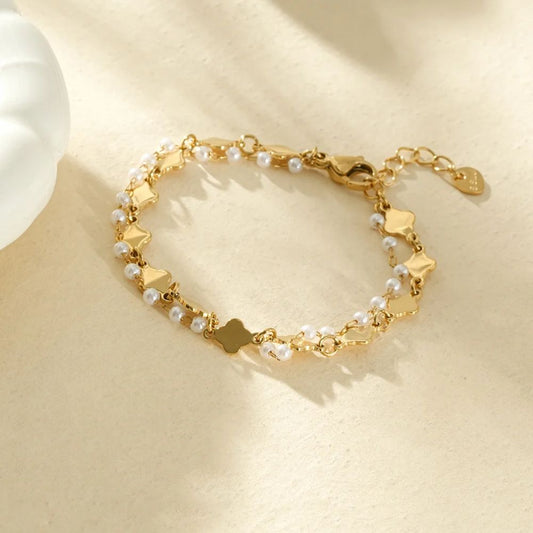 Bracelet double chaine perles et trèfles 