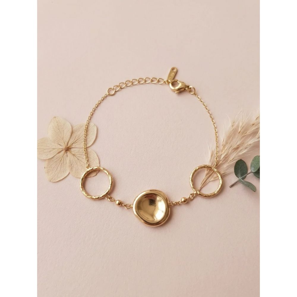 Bracelet Deux Anneaux et Pastille centrale en Acier Inoxydable Doré