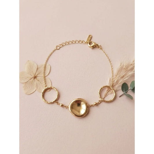 Bracelet Deux Anneaux et Pastille centrale en Acier Inoxydable Doré
