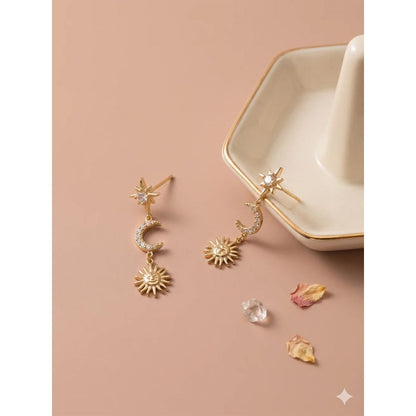 Boucles d'Oreilles Pendantes Lune Strassée et Soleil en Acier Inoxydable