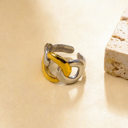 Bague ajustable bicolore argentée et dorée à motif chaîne avec une finition miroir