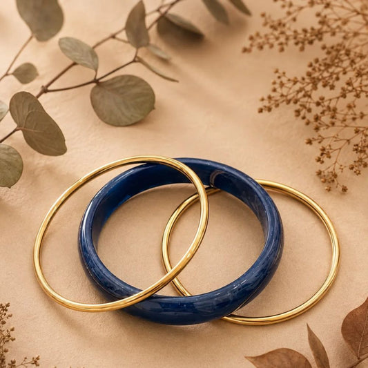 Bracelet 3 Jonc Fermé Dorés et Résine de Couleurs Bleu 