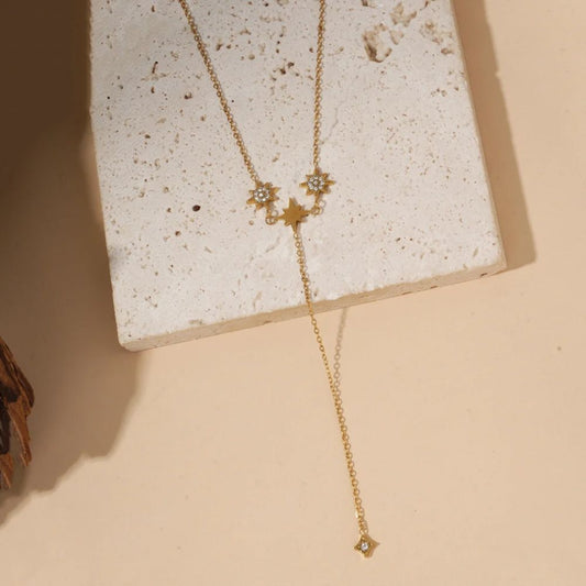 Collier Cravate Chaine Doré Etoiles et Lunes