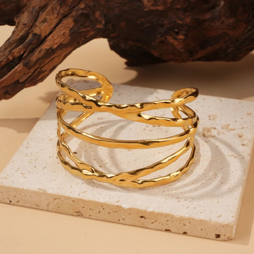 Bracelet Jonc Ouvert Martelé Multirangs Doré