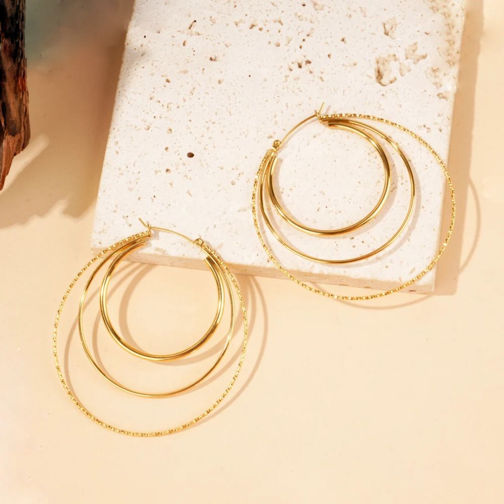 Boucles d'Oreilles Créoles 3 Anneaux Torsadés Dorés