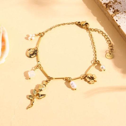Bracelet Chaine Doré et Charms Fleurs et Perles