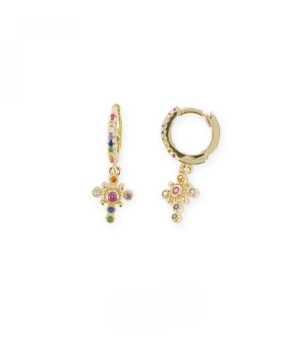 Boucles d'Oreilles Créoles Dorées et Charms Petite Croix Zircons Multicolores