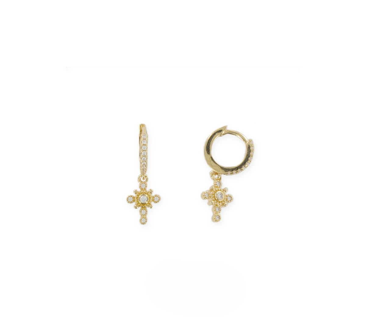 Boucles d'Oreilles Créoles Dorées et Charms Petite Croix Zircons Blancs 