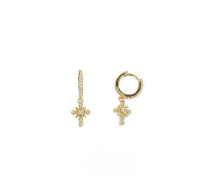 Boucles d'Oreilles Créoles Dorées et Charms Petite Croix Zircons Blancs 