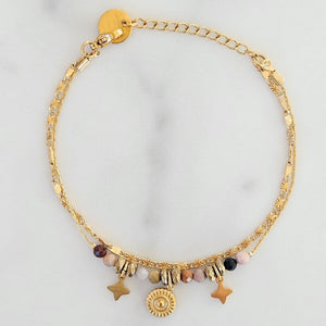 Bracelet 2 Rangs Doré et Breloques Etoiles et Pierres Naturelles 