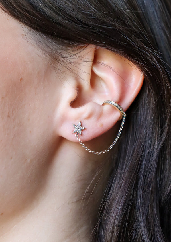 Bague d'oreille Earcuff Chaînes et Puces d'Oreilles Etoiles Porté